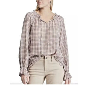 Chaps Women's Split Neck Crinkle Peasant Top Long Sleeve Print Size Large